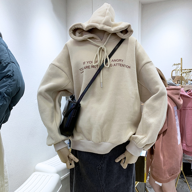 韓國ulzzang2018冬季新款百搭寬鬆字母長袖連帽抓絨衛衣女外套潮