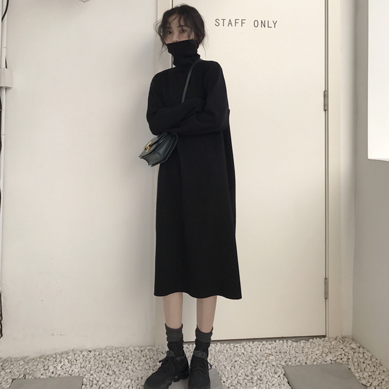 高領針織毛衣裙秋冬女2018新款百搭慵懶風寬鬆長款過膝打底連衣裙